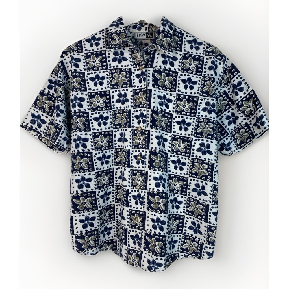 Krazy Kat Women's M White Blue Floral Short Sleeve Cotton Button Up Shirt